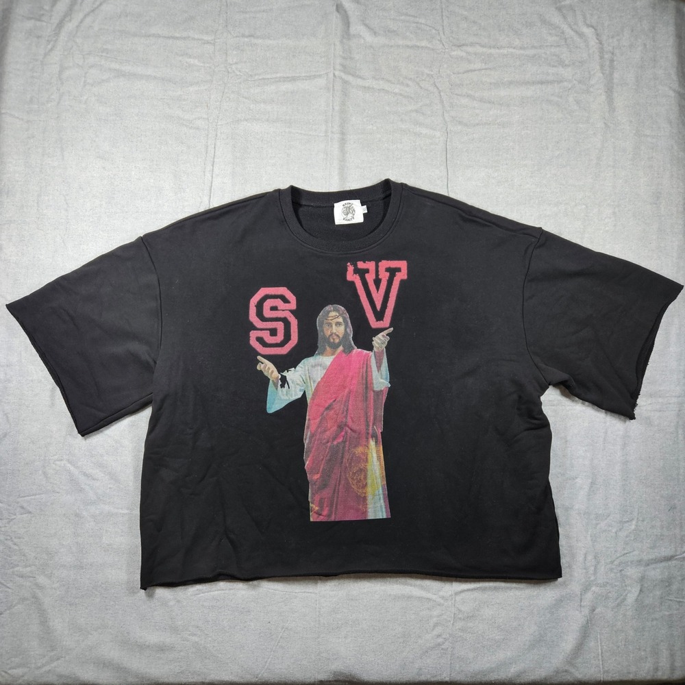 Saint Vanity SV Jesus Graphic Short Sleeve Cropped Sweatshirt Black‎ XL Raw Hem